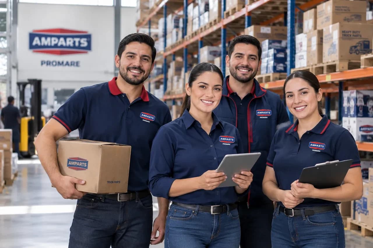 Equipo de Amparts – Promare con uniforme de la marca en el almacén, rodeado de anaqueles con refacciones